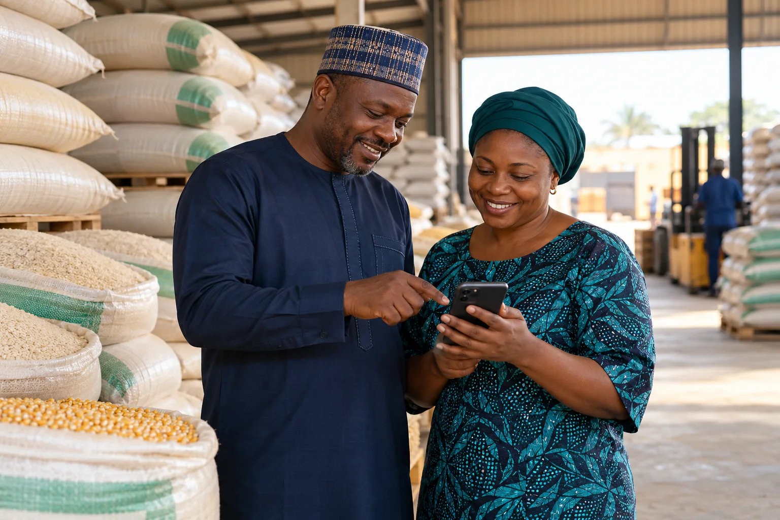 Illustrative Nigerian commodity traders reviewing a smartphone beside grain sacks.