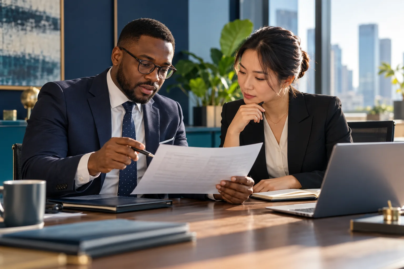 Illustrative Nigerian and Chinese business representatives discussing a supplier invoice.