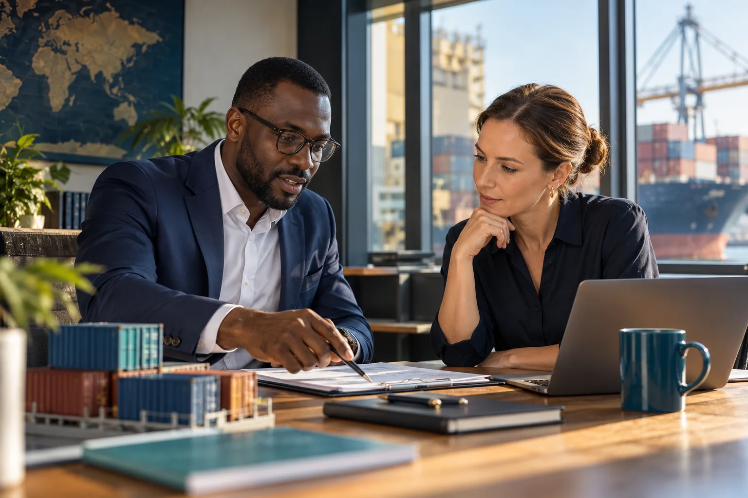 Illustrative Nigerian exporter and European trading partner in a logistics office.