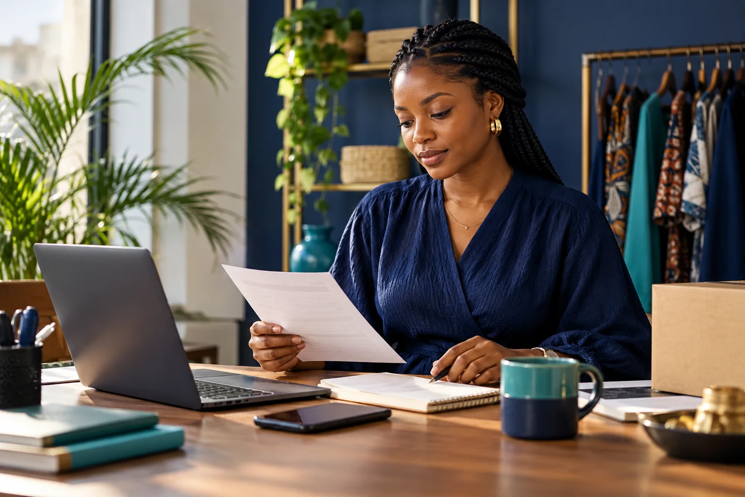 Illustrative business owner organising invoice and payment requests.