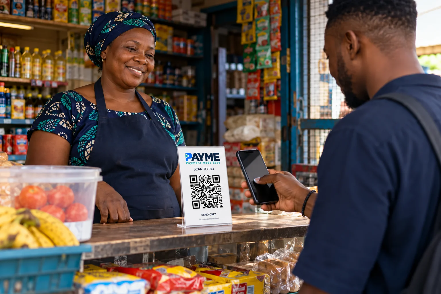 Illustrative Nigerian shopkeeper and buyer scanning the branded white PAYME QR board.