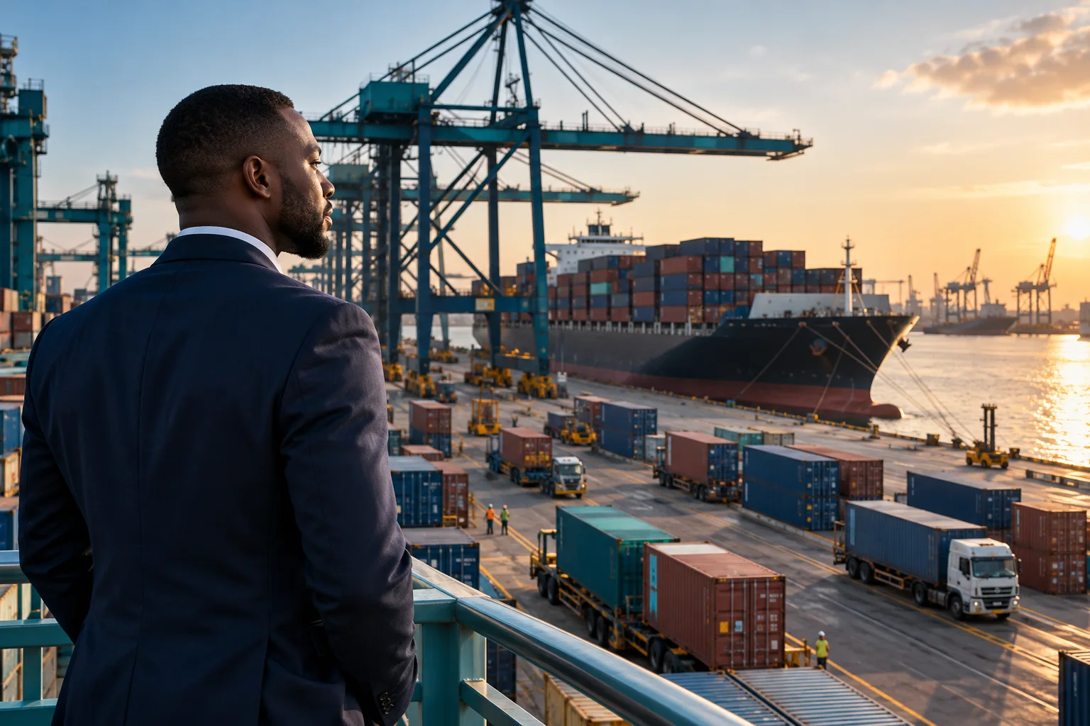 Illustrative international freight terminal and Nigerian business representative.
