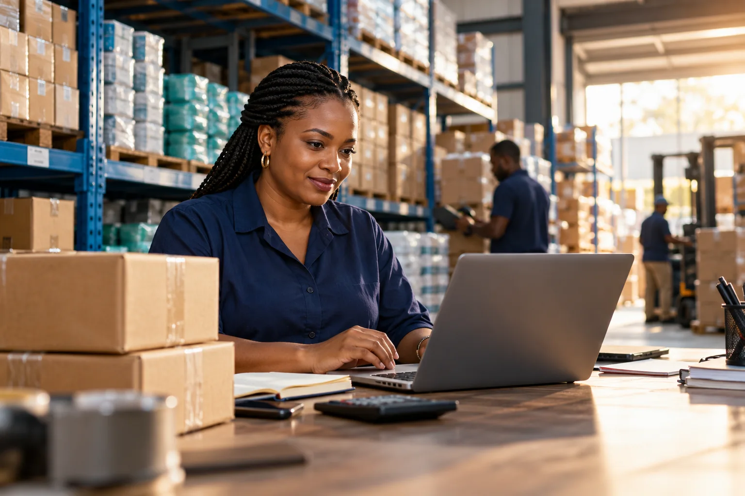 Illustrative Nigerian wholesale owner reviewing warehouse inventory.
